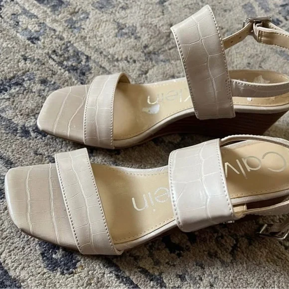 Calvin Klein Women's Beige Croc-Embossed Sandals - Picture 2 of 4